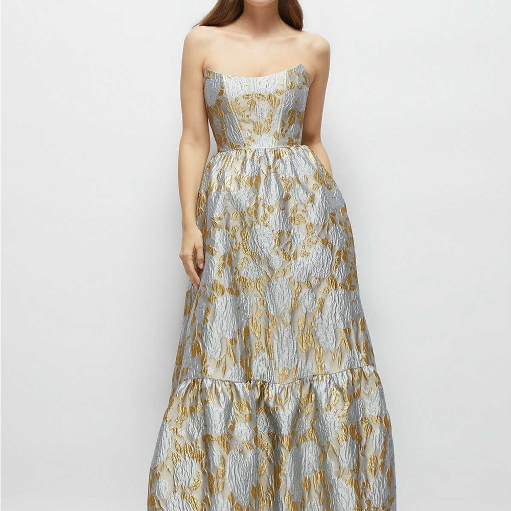 Dessy Collection Gold and Silver Strapless Tiered Gown (Winter Mist)